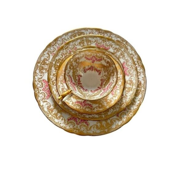 John Ansley Bone China 7986 00 Place Setting Gold Leaf Ornate Pink Vtg - Picture 4 of 16